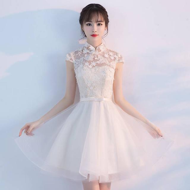 大人気❤️リボンレースミニワンピース 清楚フェミニン 女子会パーティーに最適 フレアワンピース ミニ丈 スタンドカラー フェミニン 大人レディ