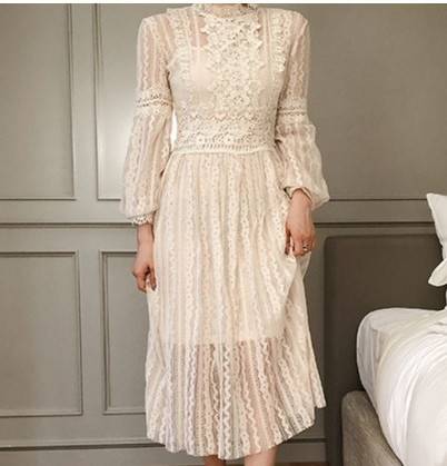 レース ワンピース パフスリーブ ハイウエスト 上品 フェミニン エレガント クラシカル レディース 2018年新作 定番 人気 およばれ