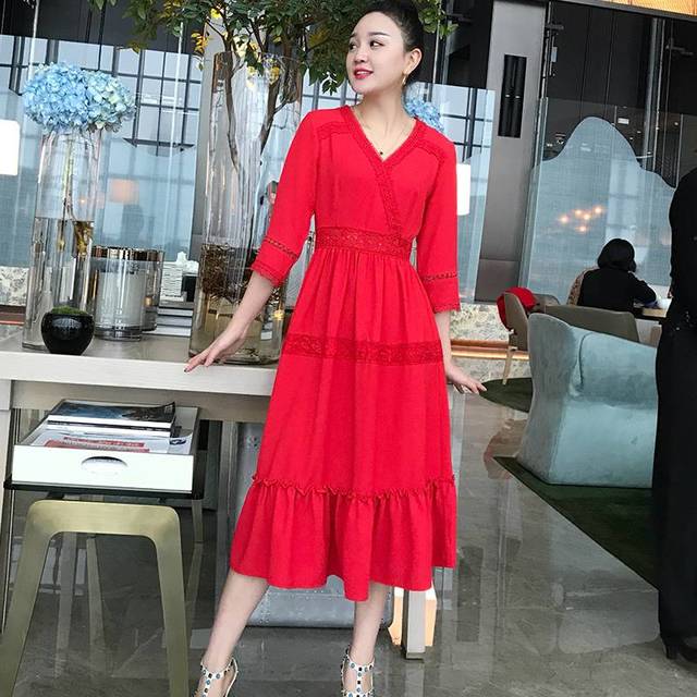 Vネック レースデザイン ロングフレアドレス 段重ねフリル ミディ丈 ロング ワンカラー シンプル エレガント ラップデザイン レディース