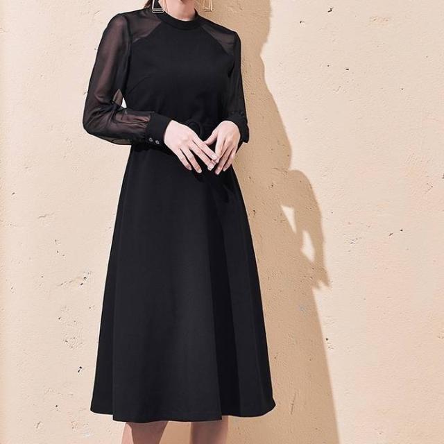 透け袖 ウエストベルト ミディアムフレアドレス シースルー 長袖 透け感 ハイウエスト Aライン 上品 エレガント 無地 ワントーンカラー