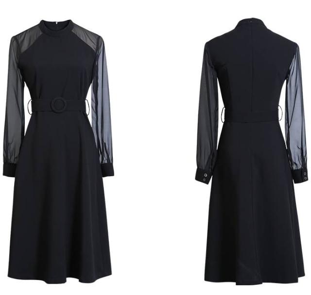 透け袖 ウエストベルト ミディアムフレアドレス シースルー 長袖 透け感 ハイウエスト Aライン 上品 エレガント 無地 ワントーンカラー