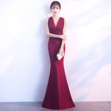 Vネック マーメイド ロングタイトドレス パーティドレス 無地