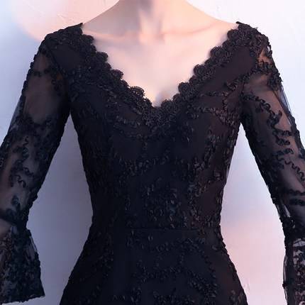 ロングドレス 黒 スレンダーライン 袖あり 演奏会 パーティードレス