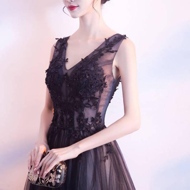 ノースリーブ Vネック フラワー刺繍 ロングチュールドレス ブラック