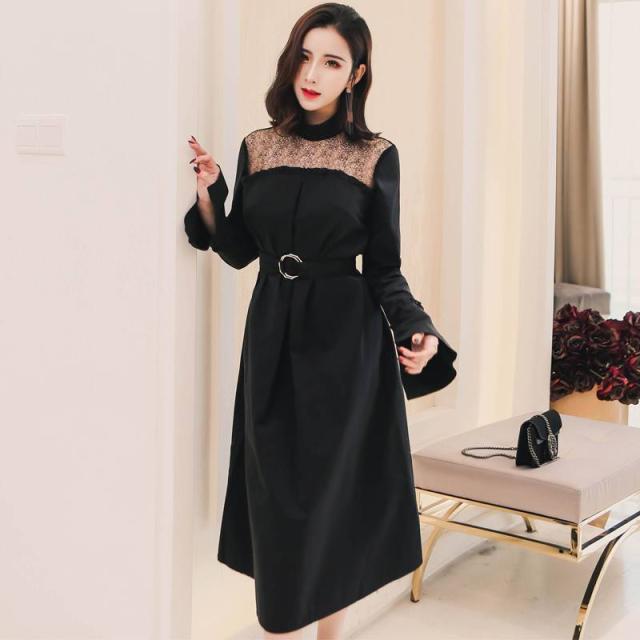 ハイネック 無地 シンプル ワンカラー フレアスリーブ ウエストベルト ロングフレアドレス レディース ２０１８年新作 定番 人気