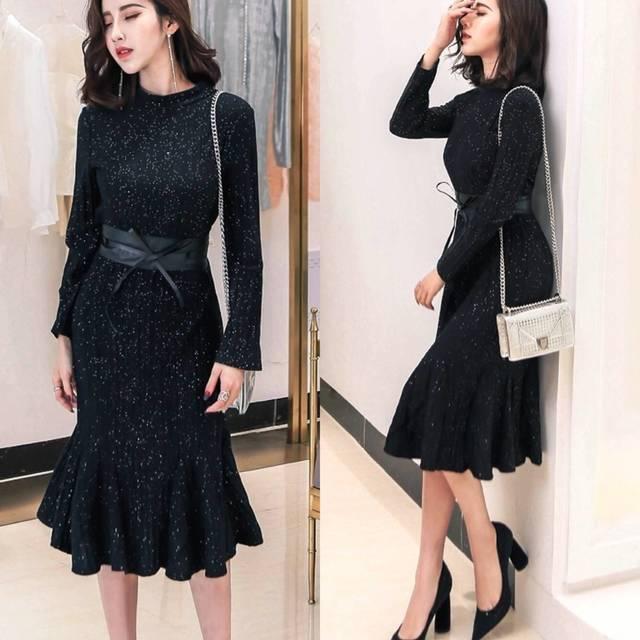 ロングドレス 黒 パーティードレス ワンピースドレス 春夏 デート 記念日 女子会 ブラック ワンサイズ ひざ下丈 ミモレ丈 長袖 袖あり Iライン タイト リブ ラメ ニット ラウンドネック 20代 30代 大人かわいい フォーマル フェミニン ガーリー