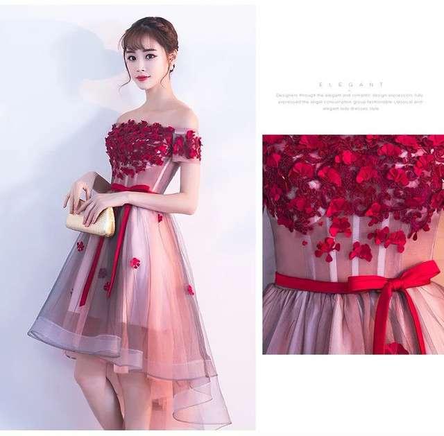 即納あり パーティドレス 春夏 結婚式 大きいサイズ 20代 ミニ丈 袖あり オフショルダー レース 花柄 刺繍 Xライン ガーリー リボン