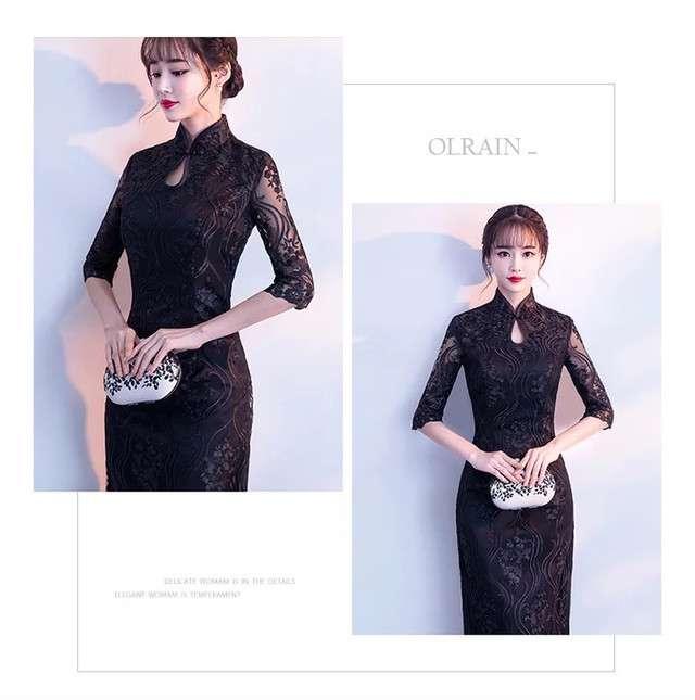 ロングドレス 黒 チャイナドレス 春夏 二次会 大きいサイズ 30代 ロング丈 半袖 袖あり ハイネック レース 花柄 刺繍 タイトの通販は