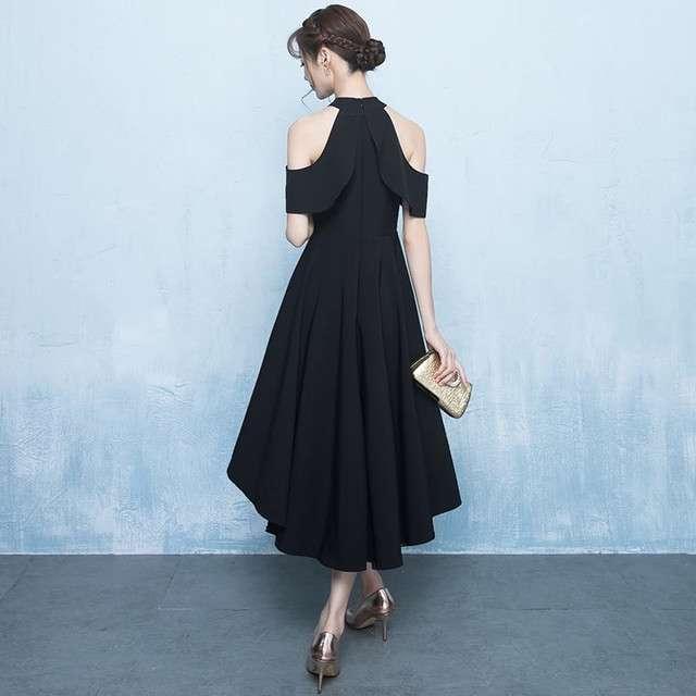 パーティドレス 春夏 結婚式 大きいサイズ 30代 ミニ丈 袖あり ラウンドネック 無地 Aライン フィッシュテール シンプル 黒 パーティドレス 春夏 結婚式 大きいサイズ 30代 ミニ丈 袖あり