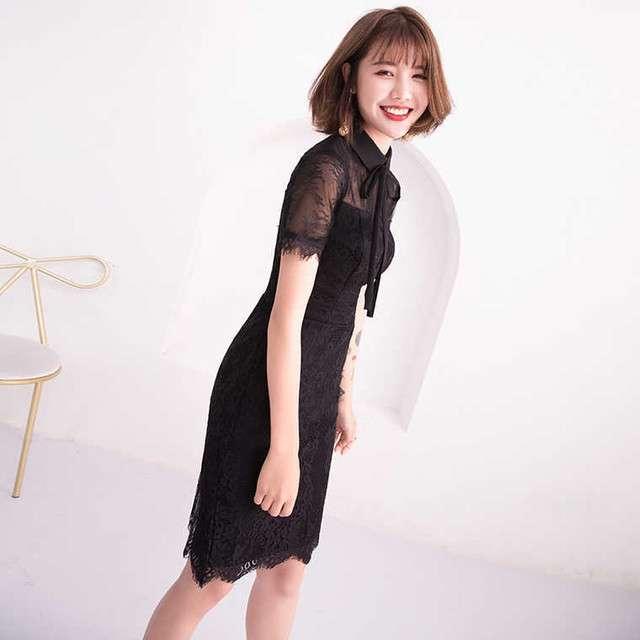 黒 袖あり スレンダーライン パーティードレス ワンピースドレス ワンピース ドレスワンピ タイトドレス お呼ばれドレス イブニングドレス 二次会 お呼ばれ デート 同窓会 謝恩会 食事会 ブラック 大きいサイズ ひざ丈 半袖 Iライン タイト レース シースルー 透け感 無地