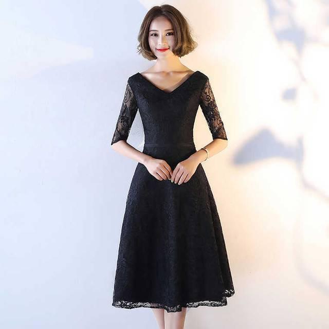 黒 袖あり パーティードレス ワンピースドレス ワンピース ドレスワンピ お呼ばれドレス イブニングドレス 二次会 お呼ばれ デート 同窓会 謝恩会 食事会 ブラック 大きいサイズ ミモレ丈 5分袖 フレア Aライン レース 総レース シースルー Vネック 20代 30代 40代 50代