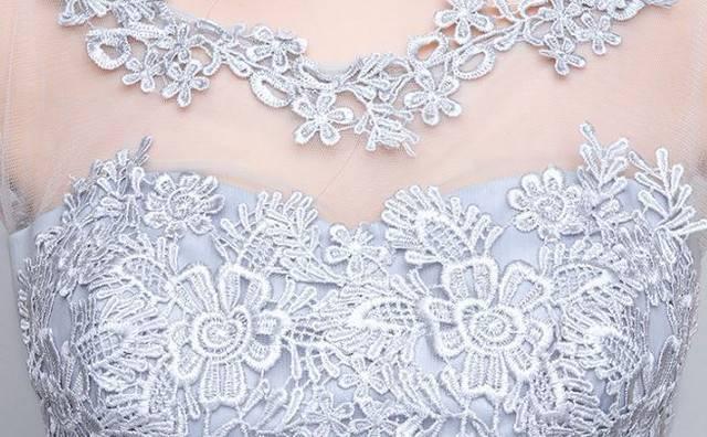 グレー ノースリーブ レース ミニワンピース ドレス 花柄刺繍 リボン