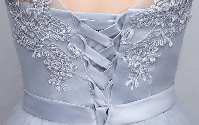 グレー ノースリーブ レース ミニワンピース ドレス 花柄刺繍 リボン