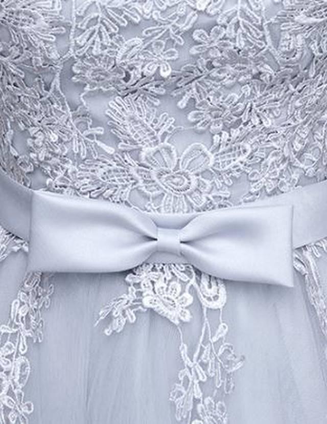 グレー ノースリーブ レース ミニワンピース ドレス 花柄刺繍 リボン