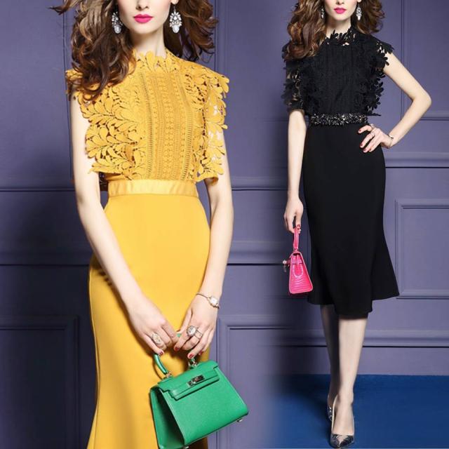 大きいサイズ ハイネック レース ワンピース  膝丈 大人 上品 30代 40代 50代 花柄 タイト ノースリーブ ミディアム ミモレ丈 レース インポート 3XL 2XL XL