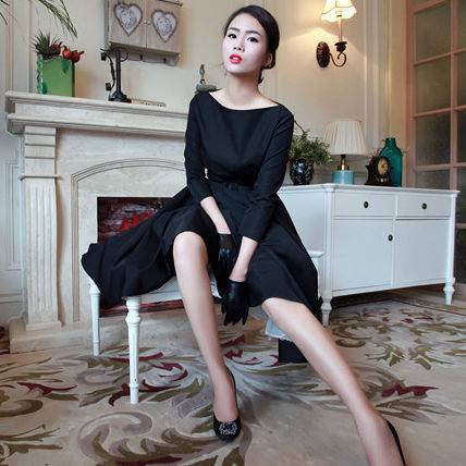 ベルト付 上品 エレガント Aライン ミモレ丈 パーティードレス Aライン ボートネック 七分丈 無地 コットン ミディアム レディース