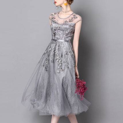 花柄刺繍レース パーティードレス ワンピース 結婚式 大人 上品 クルーネック 花柄 ノースリーブ ロング ミモレ丈 レディース 花柄刺繍レース パーティードレス ワンピース 結婚式 大人 上品 クルー