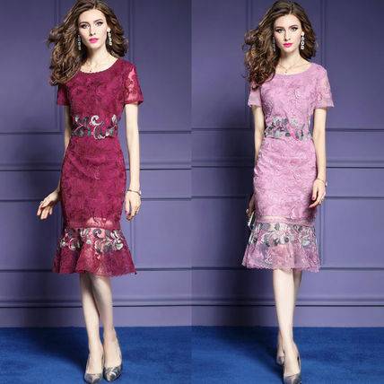 花柄刺繍 ワンピース インポート 膝丈 大人 上品 30代 40代 50代 クルーネック 花柄 Aライン ミディアム 半袖 ミモレ丈 レディース