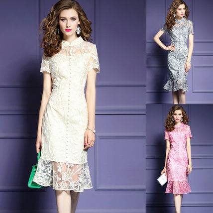 ワンピース レース エレガント パーティー 大人 刺繍 30代 40代 花柄 ナイロン ミディアム 半袖 レディース ２０１８年新作 定番 人気
