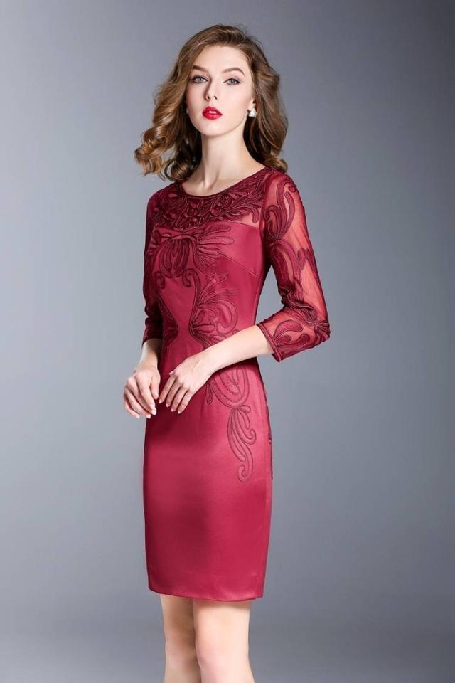 パーティードレス 刺繍 7分袖 タイト 2色 ラウンドネック タイト