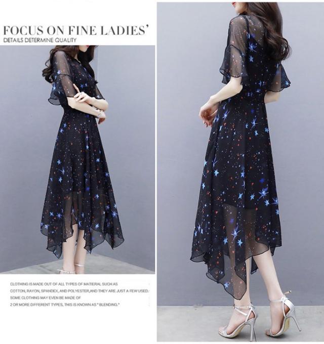 送料無料 マキシワンピース アシンメトリー ランダム丈 星柄 宇宙柄 シフォンワンピ ｓ ３ｘｌ Bの通販はau Pay マーケット Fd Store