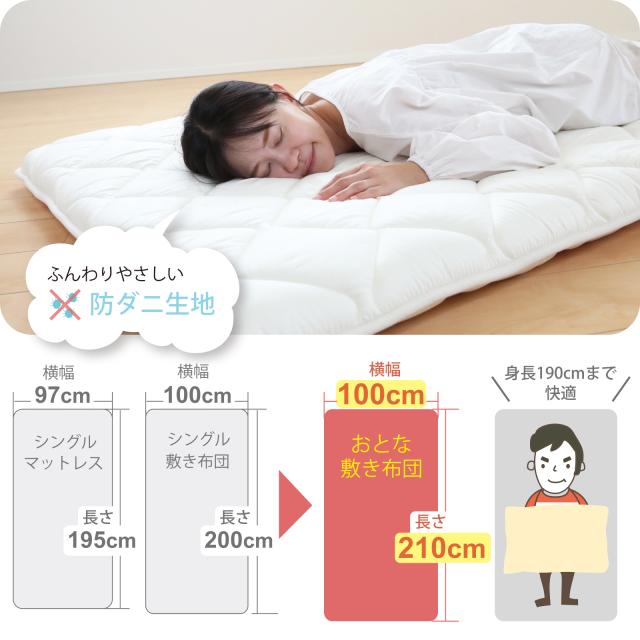 敷布団 シングル 固綿入 三層構造 腰痛予防 シングルロング 大人 防ダニ 敷布団 ごろ寝 おとな敷き布団(100×210cm) 日本製_4