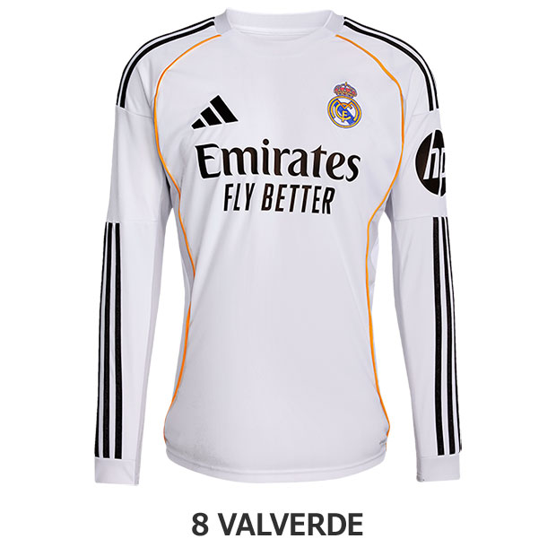 レアルマドリッド 25-26 ホーム 長袖レプリカユニフォーム　8.フェデリコ・バルベルデ　【adidas|アディダス】クラブチームレプリカウェアーkpd77-jn8884-8-v