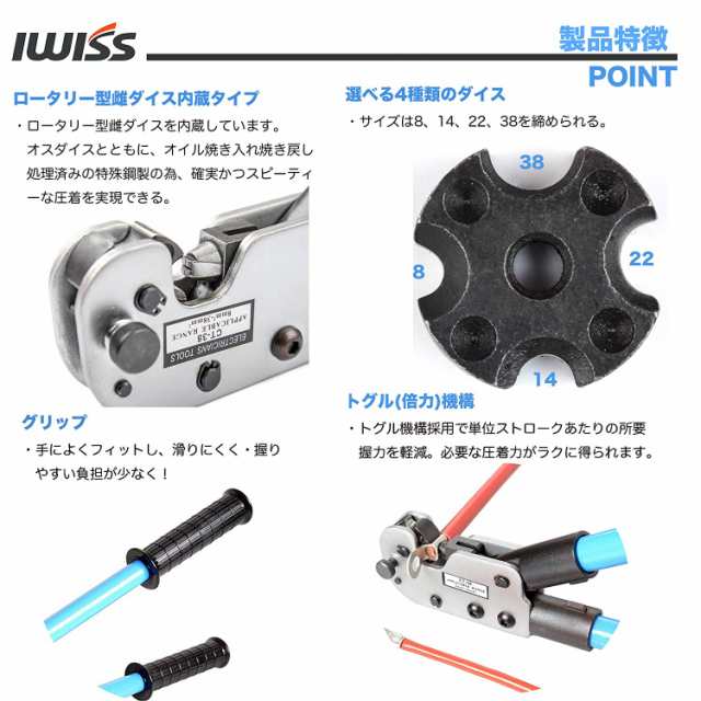 お気に入り アイウィス(IWISS) 裸圧着端子 裸圧着スリーブ 圧着工具 汎用タイプ 1.25-10sq対応 HS-8 