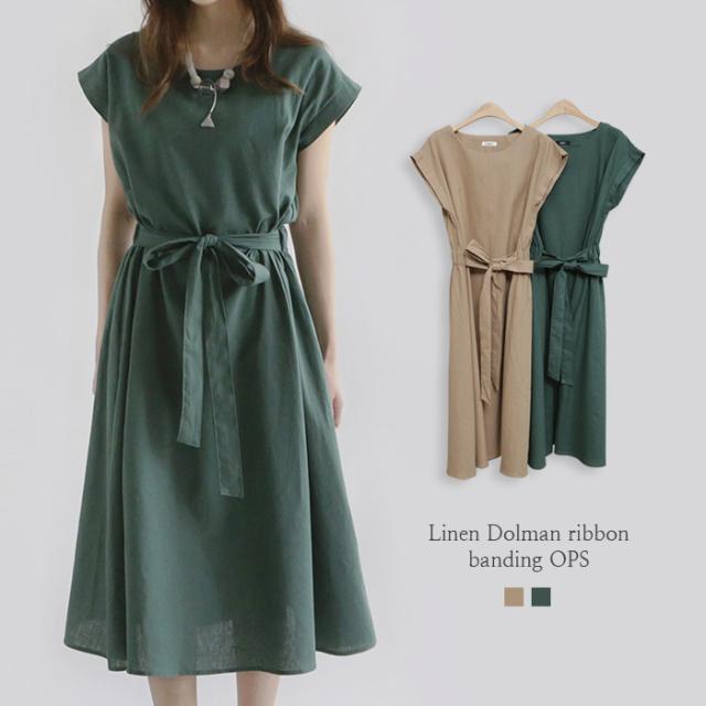 ワンピース 長袖 きれいめ 半袖 夏 レディース オフィス かわいい リネン お出かけ ドルマン リボン ウエストゴム ラウンドネック Aライの通販はau Pay マーケット Prau