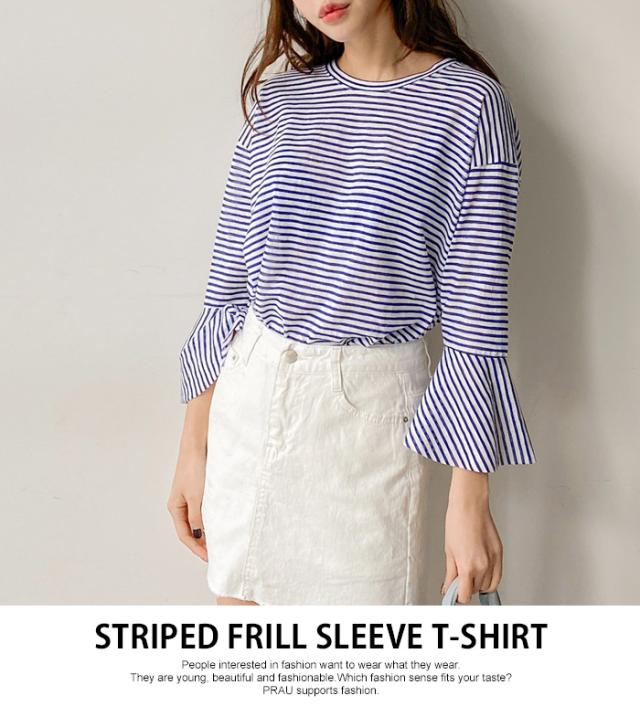 フリルスリーブ ボーダーフリル Tシャツ ストライプ ふりる袖 七部袖 七部丈 レディース トップス かわいい ボーダー柄 フェミニン ガーの通販はau Pay マーケット Prau
