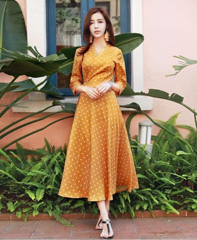 韓国 オルチャン ワンピース ゴールドイエロー ラップワンピース フレア ウエストリボン ドット 可愛い ミモレ丈の通販はau Pay マーケット Happy Toon Wowma店