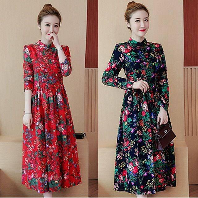 韓国 オルチャン ワンピース レトロ 花柄 大きいサイズ ロング 長袖 フレア シャツワンピース エキゾチック 春秋 コットンブレンドの通販はau Pay マーケット Happy Toon Wowma店