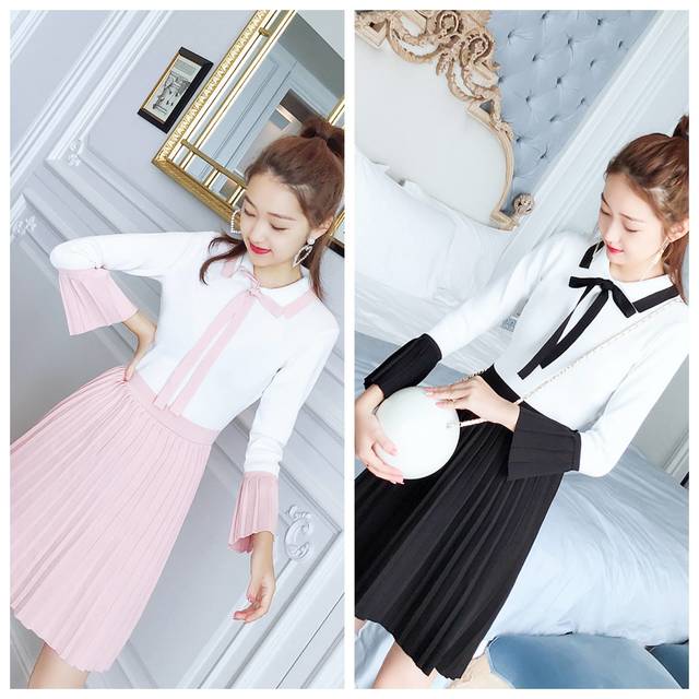 韓国 オルチャン ワンピース レディース 襟付きワンピース プリーツワンピース 長袖 ニット 膝丈 制服風の通販はau Pay マーケット Happy Toon Wowma店