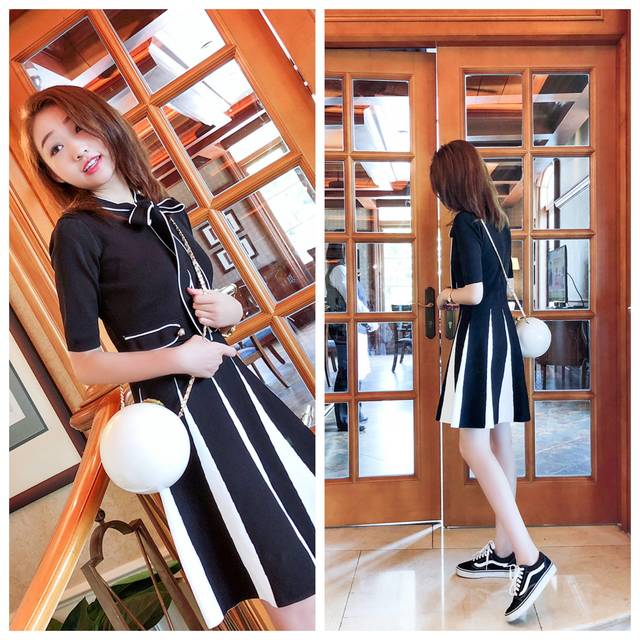 韓国 オルチャン ワンピース レディース リボンワンピース 半袖ワンピース モノトーン 膝上丈 ニット 秋冬の通販はau Pay マーケット Happy Toon Wowma店