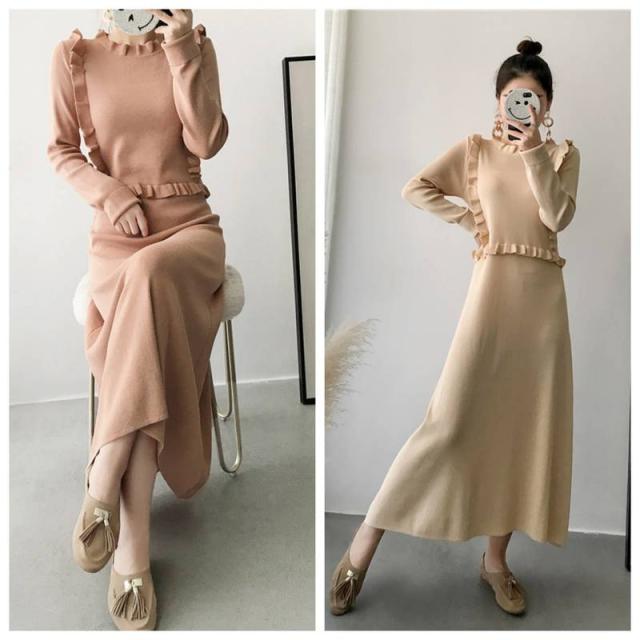 ワンピース レディース ニットワンピース ロングワンピース フリル ラウンドネック 長袖 秋冬の通販はau Pay マーケット Happy Toon Wowma店