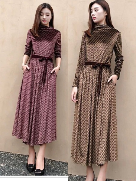 ワンピース レディース ロングワンピース プリーツ 長袖 マキシ 大きいサイズ ドット柄 リボン キュート フェミニン ハイネックの通販はau Pay マーケット Happy Toon Wowma店