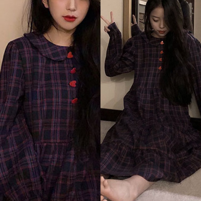 ワンピース レディース 長袖ワンピース チェックワンピース 襟付き ハートボタン カジュアル 大人可愛いの通販はau Pay マーケット Happy Toon Wowma店