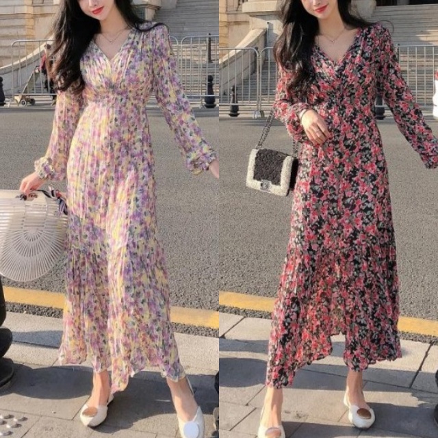 ワンピース レディース 長袖ワンピース 花柄 ロング丈 大人可愛い スリット エレガント きれいめの通販はau Pay マーケット Happy Toon Wowma店