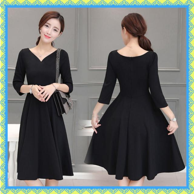 即納 ワンピース レディース ブラックワンピース Aラインワンピース 七分袖 ｖネック 無地 膝丈 シンプル フレア ファスナーの通販はau Pay マーケット Happy Toon Wowma店