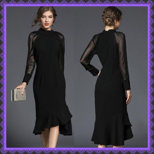 即納 パーティードレス ワンピース お呼ばれ 袖付き 結婚式 二次会 透け感 お呼ばれドレス ドレス 代 30代 40代 黒の通販はau Pay マーケット Happy Toon Wowma店