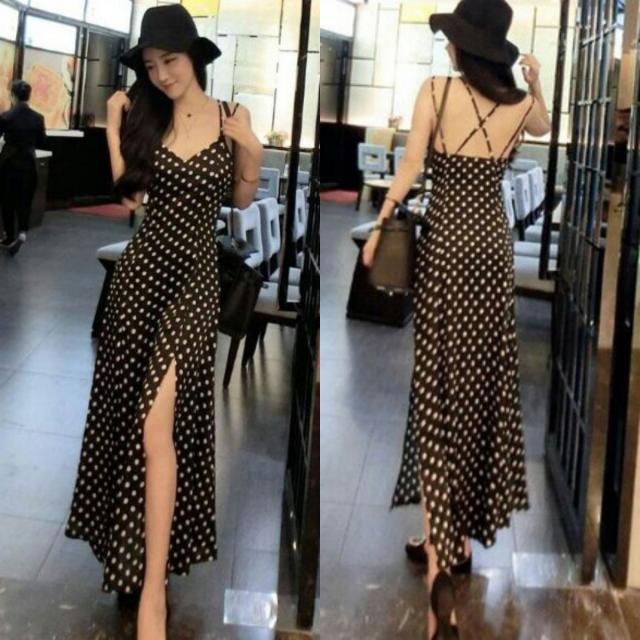 ワンピース レディース ロングワンピース ドットワンピース ワンピ ロング ノースリーブ シフォン スリム スリット 水玉の通販はau Pay マーケット Happy Toon Wowma店