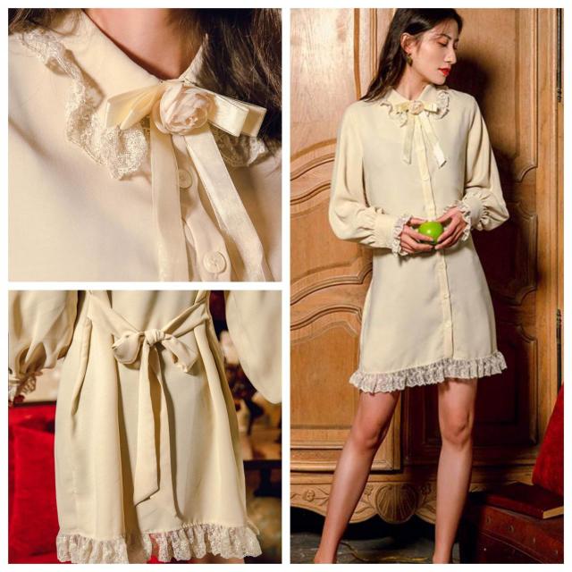 ワンピース レディース レトロワンピース シャツワンピース ミニ ワンピ 無地 リボン レース バラ 花 ボタン バックリボンの通販はau Pay マーケット Happy Toon Wowma店