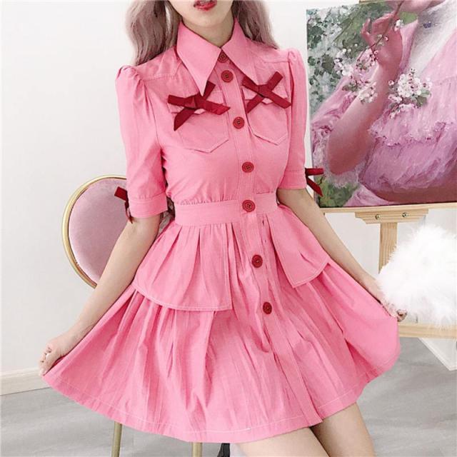 ワンピース レディース シャツワンピース ティアードワンピース ショート ワンピ 送料無料 リボン ボタン 派手 半袖 プリーツの通販はau Pay マーケット Happy Toon Wowma店