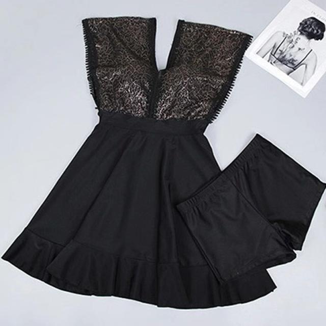 水着 レディース ワンピース 体型カバー ２点セット スカートワンピース ボトム付 レース バックシャン 美シルエット 無地 黒の通販はau Pay マーケット Happy Toon Wowma店