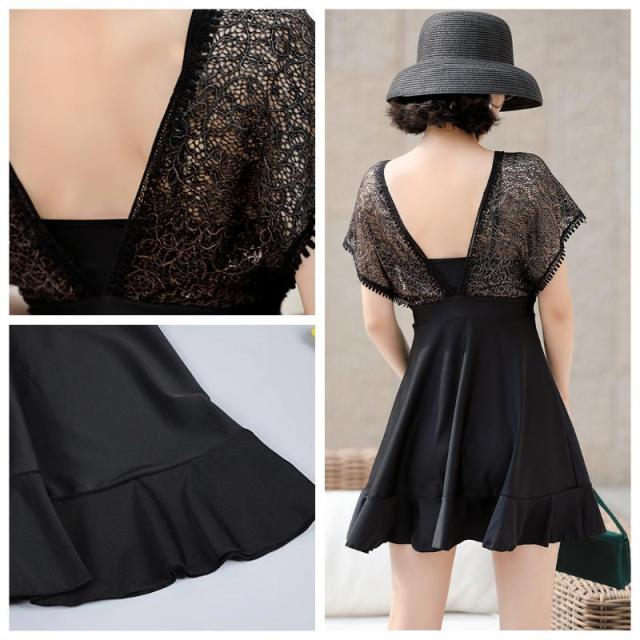 水着 レディース ワンピース 体型カバー ２点セット スカートワンピース ボトム付 レース バックシャン 美シルエット 無地 黒の通販はau Pay マーケット Happy Toon Wowma店