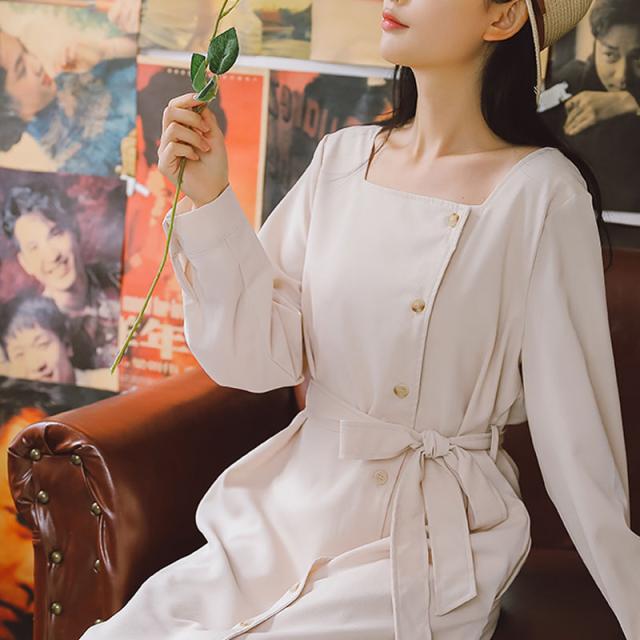 ワンピース レディース レトロワンピース スクエアカラーワンピース ロング 無地 ベルト 長袖 フロントボタン シック きれいめの通販はau Pay マーケット Happy Toon Wowma店