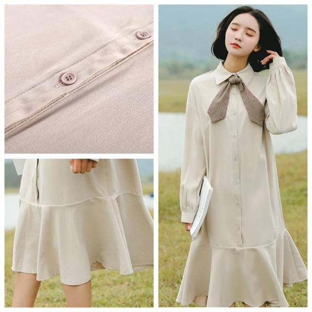 ワンピース レディース レトロワンピース 膝丈ワンピース ゆったりウエスト 長袖 無地 ネクタイ フリル 学生 色違い お洒落の通販はau Pay マーケット Happy Toon Wowma店