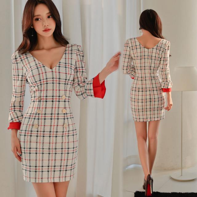 ワンピース レディース チェックワンピース ペンシルワンピース ミニ ワンピ Vネック ボタン スリム セクシー フェミニンの通販はau Pay マーケット Happy Toon Wowma店