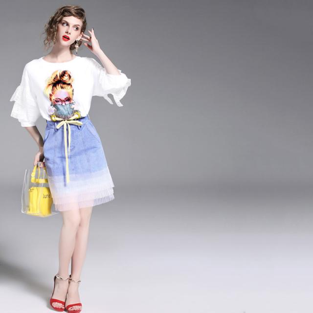 セットアップ レディース 上下セット ２点セット プリントtシャツ デニムスカート ショート丈 メッシュ 個性的 カジュアルの通販はau Wowma Happy Toon Wowma店