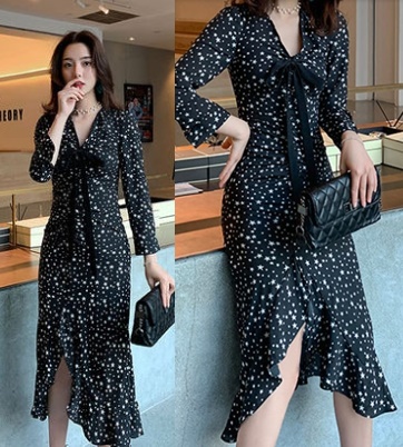 ワンピース レディース 長袖ワンピース 星柄ワンピース シフォン ロング丈 リボン Vネック セクシー カジュアルの通販はau Pay マーケット Happy Toon Wowma店